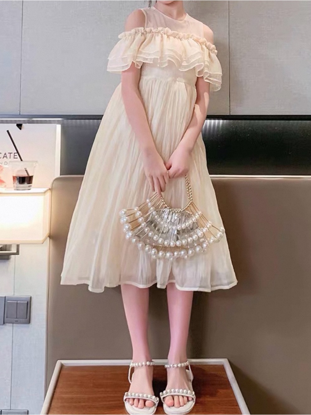 Ivory Ruffled Off-Shoulder Tulle Dress